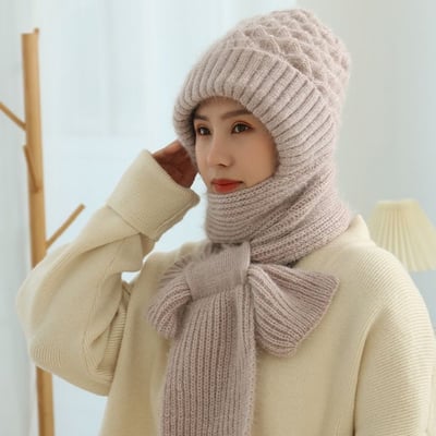 2 in 1 Knit Scarf Beanie Set Winter Stripes Cap Warm Knitted Hat Scarf Set Windproof Hats for Women