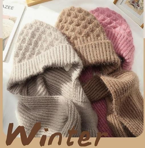 2 in 1 Knit Scarf Beanie Set Winter Stripes Cap Warm Knitted Hat Scarf Set Windproof Hats for Women