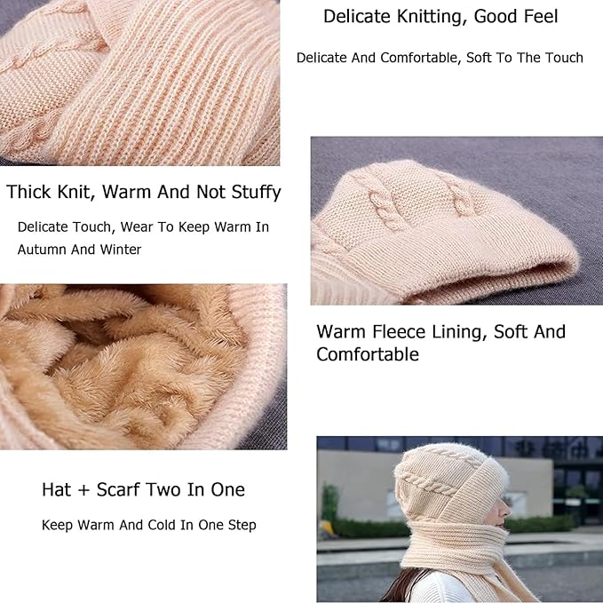 2 in 1 Knit Scarf Beanie Set Winter Stripes Cap Warm Knitted Hat Scarf Set Windproof Hats for Women