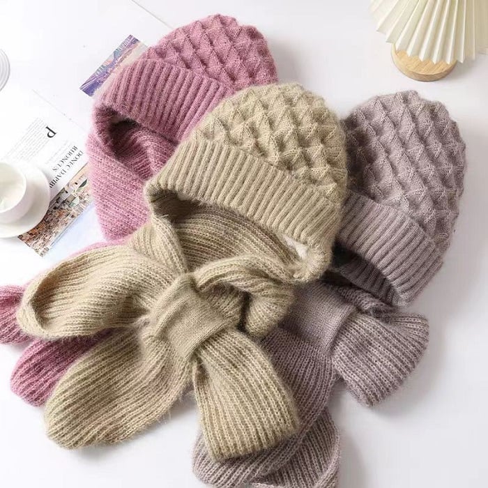 2 in 1 Knit Scarf Beanie Set Winter Stripes Cap Warm Knitted Hat Scarf Set Windproof Hats for Women