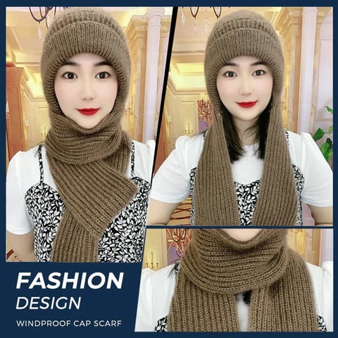 2 in 1 Knit Scarf Beanie Set Winter Stripes Cap Warm Knitted Hat Scarf Set Windproof Hats for Women