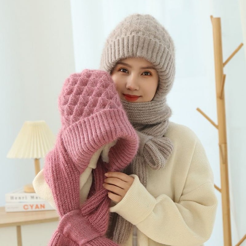 2 in 1 Knit Scarf Beanie Set Winter Stripes Cap Warm Knitted Hat Scarf Set Windproof Hats for Women