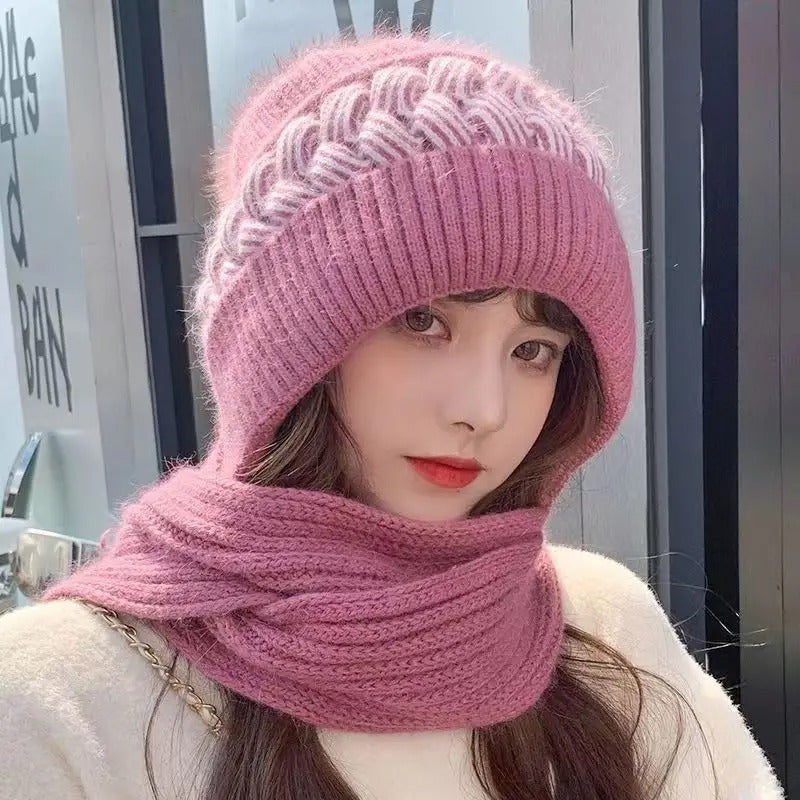 2 in 1 Knit Scarf Beanie Set Winter Stripes Cap Warm Knitted Hat Scarf Set Windproof Hats for Women